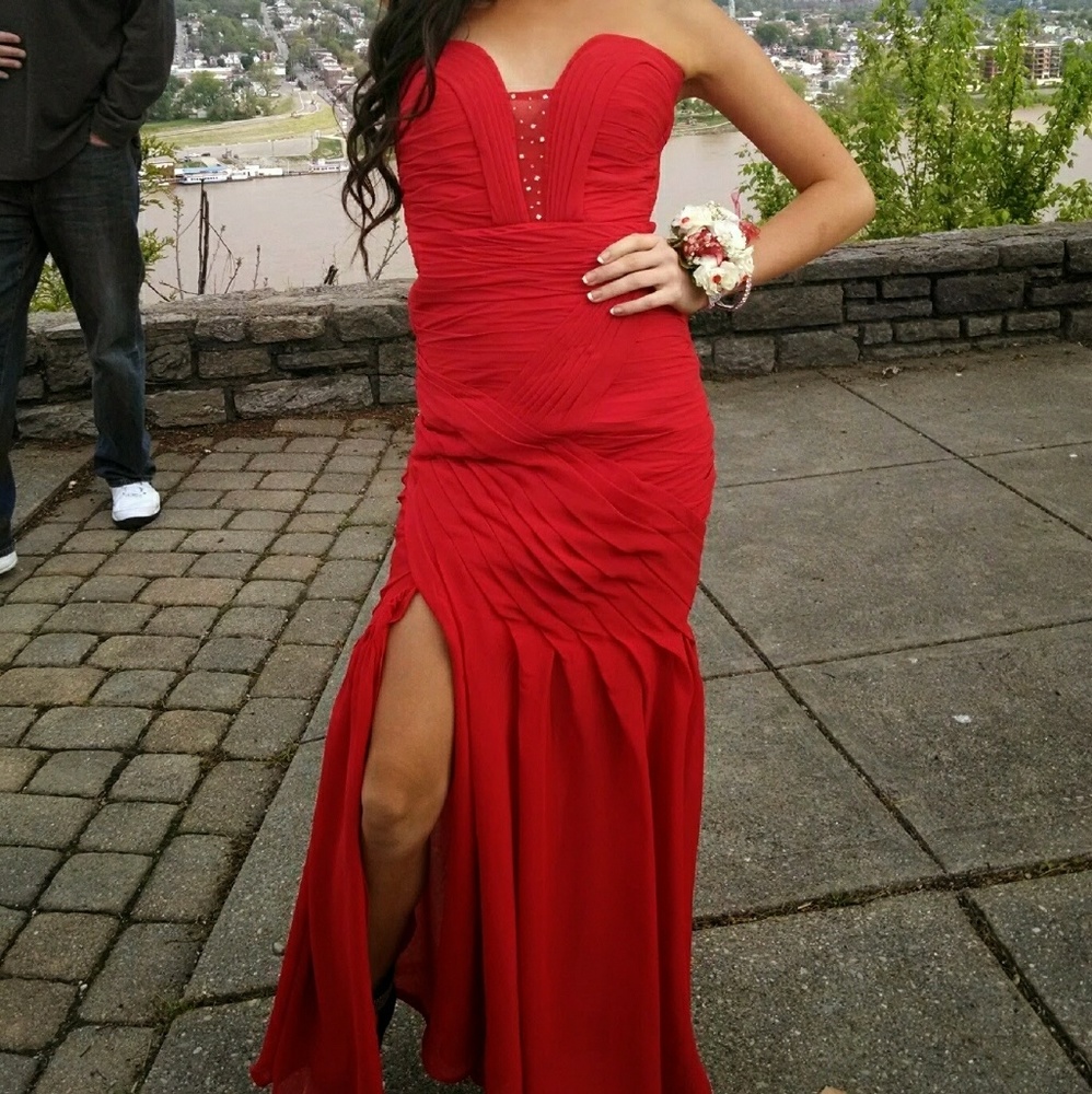 Red strapless maxi dress with slit